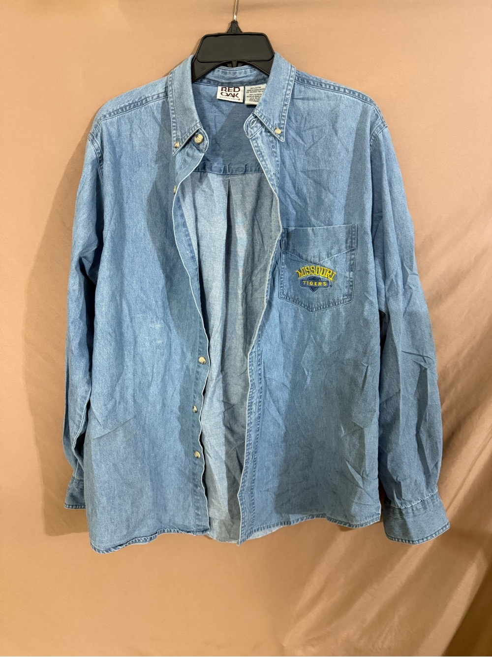 Men’s Medium Light Blue Denim Button-Up Shirt - Missouri Chest Embroidery